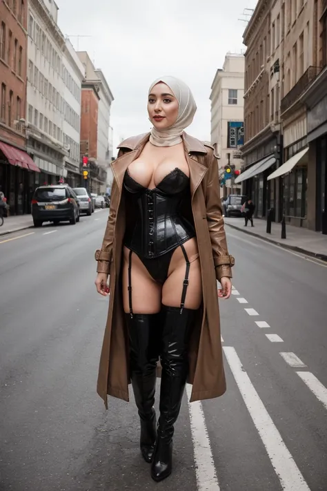 Femdom pretty hijab girl with huge breast, drssed long leather trench coat popped up collar of coat ,  latex corset , overknee boots, elegant pose in road, holding a whip