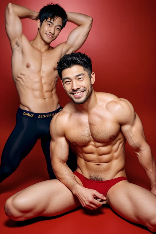 male2人が抱き合う、30 years old、male、Japanese、very handsome、brave face、smile、Completely naked、abs、Pectoral muscle、thick legs、raise your arms、spread legs、spread your legs、body hair、night、studio photography、deep red background、angle from below、8k、High definition