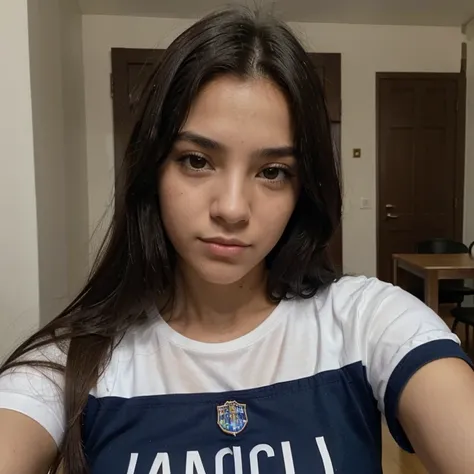 Obra maestra, chica joven, guapa, pelo negro, pelo largo, ojos azules, pecho grande, selfie, camiseta del barcelona