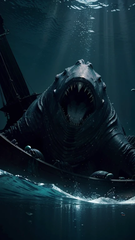 Deep in the oceanic depths, where sunlight never dares to venture, resides a colossal aquatic monster, a relic of forgotten times. Its dark and sinuous silhouette looms in the abyssal darkness, its luminescent eyes emitting a mysterious glow that pierces t...