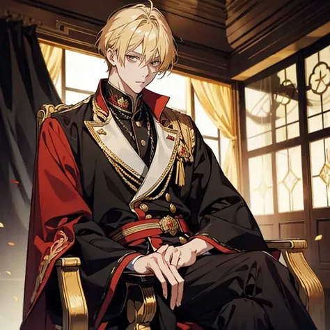 short blond anime man sitting on a chair,parting bangs,Golden Eyes,光るGolden Eyes,black and red royal clothes,Blonde madman