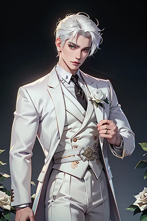 there is a man with white hair and a white suit holding a rose, by Yang J, ig model | artgerm, extremely detailed white haired deity, beautiful androgynous prince, neoartcore and charlie bowater, epic exquisite male character art, approaching perfection, s...