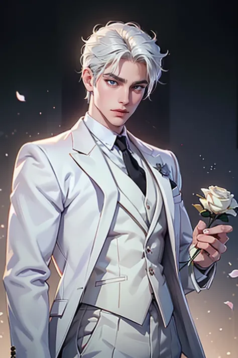 there is a man with white hair and a white suit holding a rose, by Yang J, ig model | artgerm, extremely detailed white haired deity, beautiful androgynous prince, neoartcore and charlie bowater, epic exquisite male character art, approaching perfection, s...