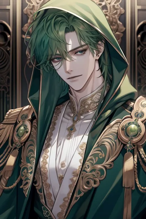 masterpiece, best quality, 1 male, adult, handsome, tall muscular guy, broad shoulders, finely detailed eyes and detailed face, extremely detailed CG unity 8k wallpaper, intricate details, green hair, oversized hood, Musician, Musical attire, Recording stu...