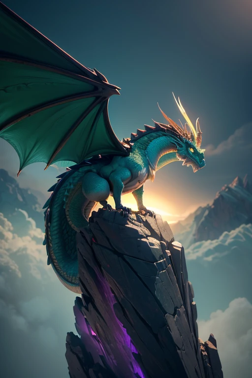 Dragon with wings on top of a cliff, color verde, fuego, llamas, lanzando llamas en la boca (obra maestra), Mejor calidad, high resolution, 4k, 8k, detailed illustration, detalle intrincado, cinematic lighting, amazing quality, Amazing shading, Soft lighti...