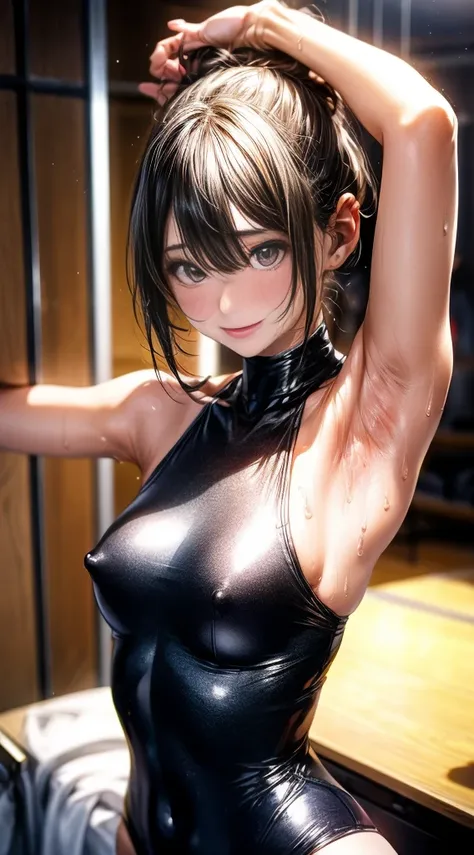 High resolution 8K, armpit pose, Armpit, Armpit, Light illuminating the armpits, ​masterpiece, Top image quality, high resolution, Wrinkles under the armpits:1.5, Under the slimy armpits, solo, (covered nipples:1.2), Red Plunge leotard, high-ponytail Hairs...