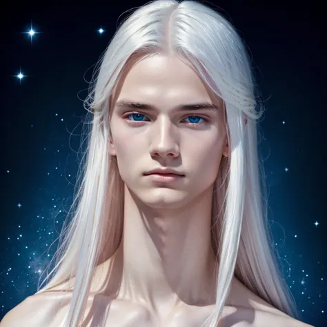 Young male, beauty face, porcelain skin, long white hair, cristal eyes, in a starlight sky, blush cheeks.