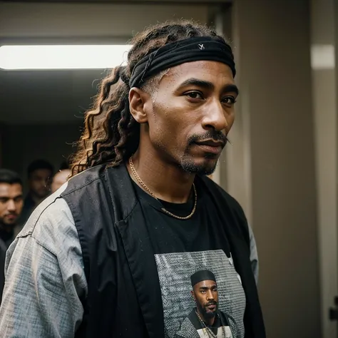 "hypothetical depiction of an aging tupac shakur today: with graying curls and a mature beard, tupac would maintain his characte...