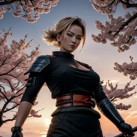 masterpiece, top quality, 4K UHD,
standing,
Android 18 in Ronin Samurai outfit, huge breasts,
backdrop, cherry blossom trees, sunset,
samurai sword, traditional armor, serious expression.