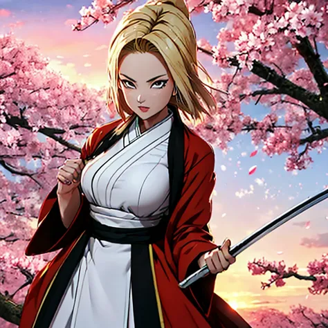 masterpiece, top quality, 4k uhd,
standing,
android 18 in ronin samurai outfit, huge breasts,
backdrop, cherry blossom trees, su...