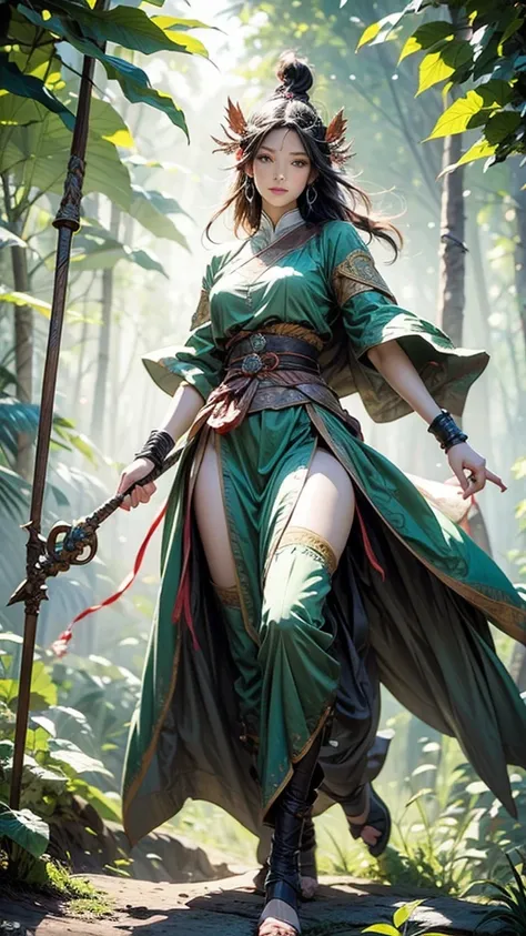 ((full body illustration)), high definition|quality|contrast. fantasy art. an woman warrior holding a staff, ((attack pose)), lo...