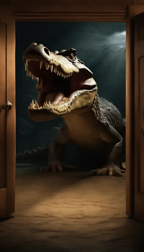 Illustrate the 2009 scene where fossil hunters unlock the door to the prehistoric world, with the focus on the fossilized ancient crocodile with large legs. Hyper-Realistic 