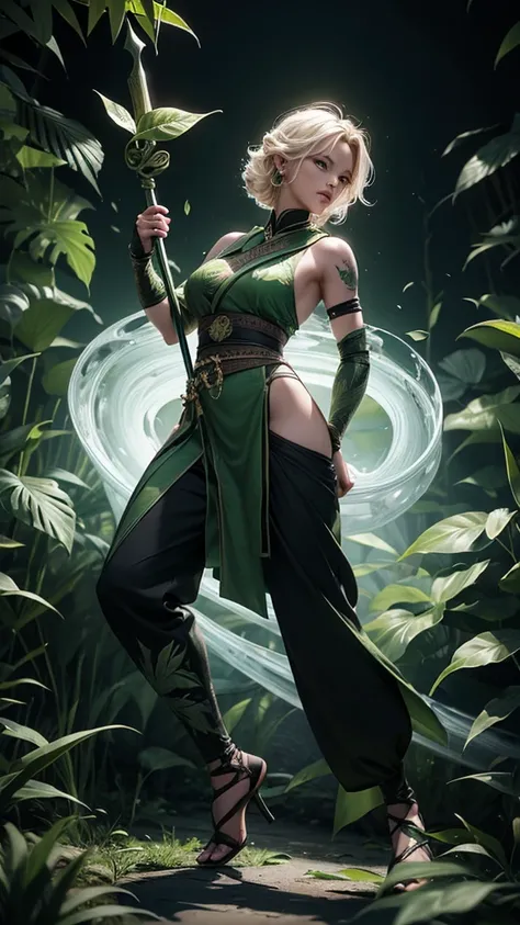 ((full body illustration)), high definition|quality|contrast. Fantasy art. an woman warrior holding a staff, ((attack pose)), looking at the viewer, Eastern traditional combat costume in shades of green, tattoo on her leg, (swirl of leaves around her:1.5),...