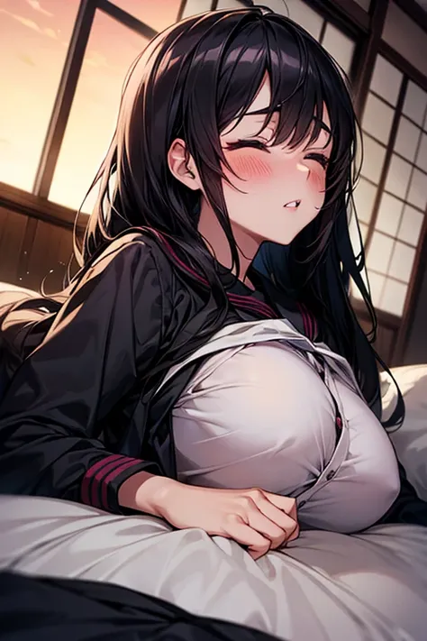 1girl, solo, pretty girl, 18 years old, black hair, long hair, faint lips, blush, (embarrassed), large breasts, (serafuku),(black serafuku),long sleeve, (Japanese-style room), tatami, Shoji, lying, on back, pillow,((futon)) , comforter, put the the blanket...