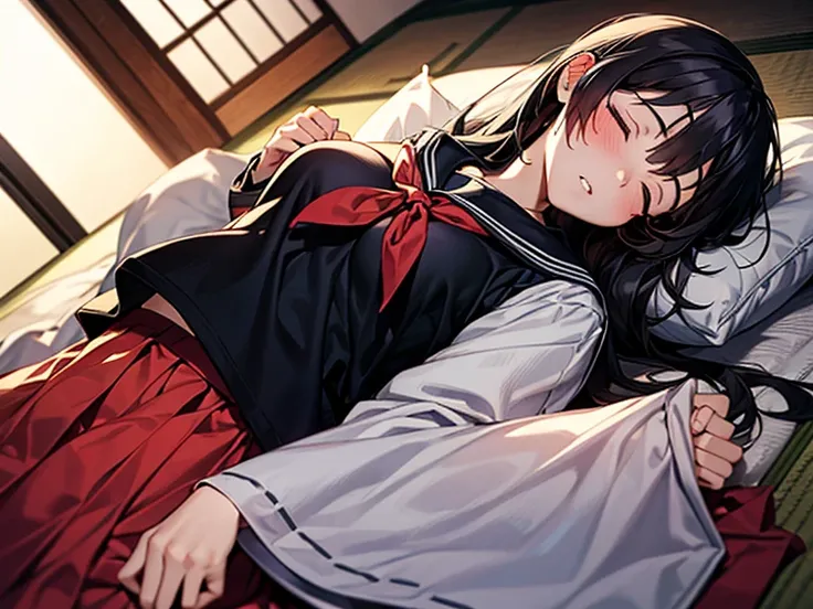 1girl, solo, pretty girl, 18 years old, black hair, long hair, faint lips, blush, (embarrassed), large breasts, (serafuku),(black serafuku),long sleeve, (Japanese-style room), tatami, Shoji, lying, on back, pillow,((futon)) , comforter, put the the blanket...