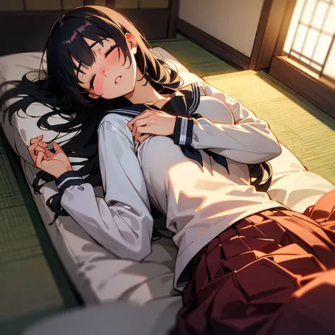 1girl, solo, pretty girl, 18 years old, black hair, long hair, faint lips, blush, (embarrassed), large breasts, (serafuku),(black serafuku),long sleeve, (Japanese-style room), tatami, Shoji, lying, on back, pillow,((futon)) , comforter, put the the blanket...