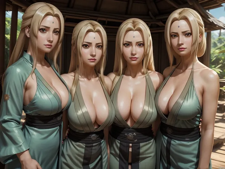 ((3 girls)), Tsunade from naruto, 8k, highly detailed, very realistic, naughty busty Blonde, 40-years-old, perfect face, masterpiece, big , scratched dress, jungle, with her daughters, tree house