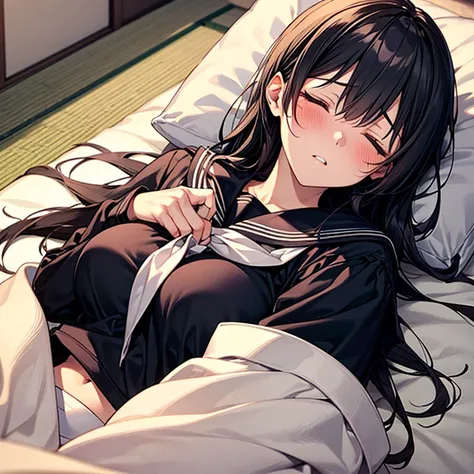 1girl, solo, pretty girl, 18 years old, black hair, long hair, faint lips, blush, (embarrassed), large breasts, (serafuku),(black serafuku),long sleeve, (Japanese-style room), tatami, Shoji, lying, on back, pillow,((futon)) , comforter, put the the blanket...