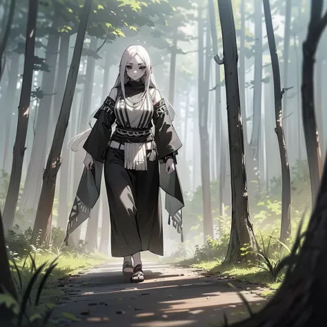 (((I want a woman with pale skin, completely black eyes, long gray hair, wearing tribal clothes while walking alone through a forest)))