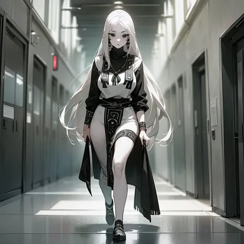 (((I want a woman with pale skin, completely black eyes, long gray hair, wearing tribal clothing while walking alone down a long school hallway)))