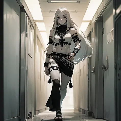 (((I want a woman with pale skin, completely black eyes, long gray hair, wearing tribal clothing while walking alone down a long school hallway)))