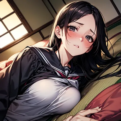 cinematic angle1girl, solo, pretty girl, 18 years old, black hair, long hair, faint lips, blush, (embarrassed), large breasts, (serafuku),(black serafuku),long sleeve, (Japanese-style room), tatami, Shoji, lying, on back, pillow,((futon)) , comforter, put ...