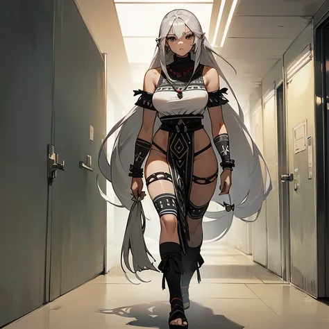 (((I want a woman with light skin, completely black eyes, long gray hair, wearing tribal clothing while walking alone down a long school hallway)))