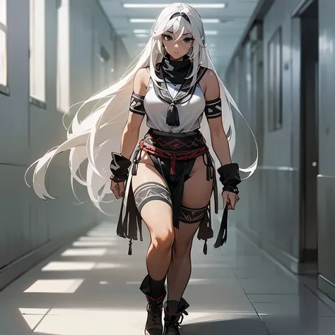 (((I want a woman with light skin, completely black eyes, long gray hair, wearing tribal clothing while walking alone down a long school hallway)))