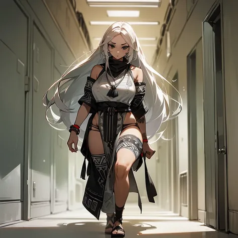 (((I want a woman with light skin, completely black eyes, long gray hair, wearing tribal clothing while walking alone down a long school hallway)))