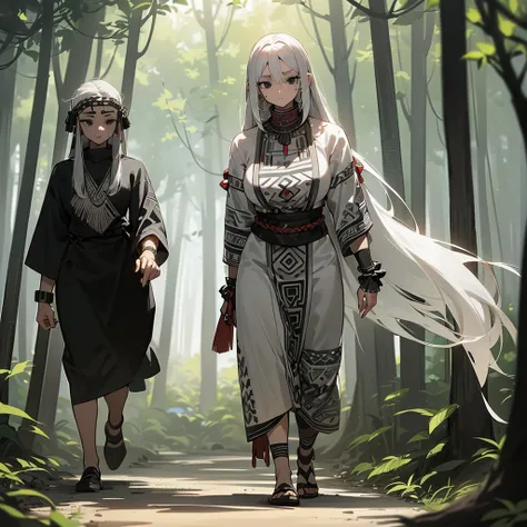 (((I want a woman with light skin, completely black eyes, long gray hair, wearing tribal clothes while walking alone through a forest)))