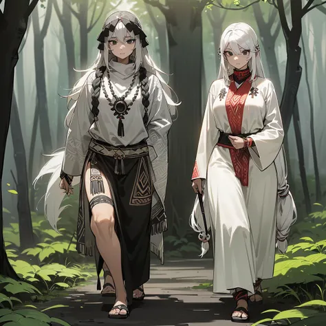 (((I want a woman with light skin, completely black eyes, long gray hair, wearing tribal clothes while walking alone through a forest)))