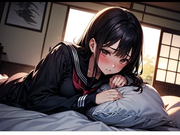 cinematic angle1girl, solo, pretty girl, 18 years old, black hair, long hair, faint lips, blush, (embarrassed), large breasts, (serafuku),(black serafuku),long sleeve, (Japanese-style room), tatami, Shoji, lying, on back, pillow,((futon)) , comforter, put ...