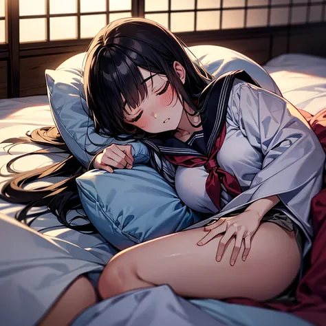 1girl, solo, pretty girl, 18 years old, black hair, long hair, faint lips, blush, (embarrassed), large breasts, (serafuku),(black serafuku),long sleeve, (Japanese-style room), tatami, Shoji, lying, on back, pillow,((futon)) , comforter, put the the blanket...