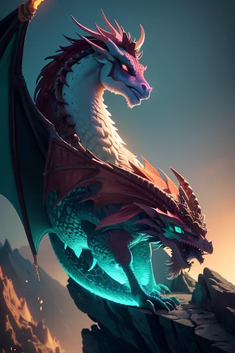 Dragon with wings on top of a cliff, color verde, fuego, llamas, lanzando llamas en la boca (obra maestra), Mejor calidad, high resolution, 4k, 8k, detailed illustration, detalle intrincado, cinematic lighting, amazing quality, Amazing shading, Soft lighti...