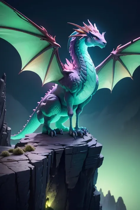 Dragon with wings on top of a cliff, color verde, fuego, llamas, lanzando llamas en la boca (obra maestra), Mejor calidad, high resolution, 4k, 8k, detailed illustration, detalle intrincado, cinematic lighting, amazing quality, Amazing shading, Soft lighti...