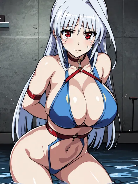 masterpiece,top-quality,reinforce eins,heroine of magical girl lyrical nanoha,1girl,solo,silver hair,long hair, outside splash hair,red eyes,beauty, very huge breasts,narrow waist,bust size is 100cm,prison,crying,sexy,soaked,seductive anime girl, oppai, bi...