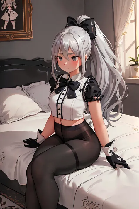 1girl, ray tracing, (dim lighting), (detailed background (bedroom), ((fluffy silver hair, plump and slim girl) with high ponytail) Avoid blonde eyes in the ominous bedroom (((girl wears intricately embroidered black high-waisted pants with pantyhose) and w...