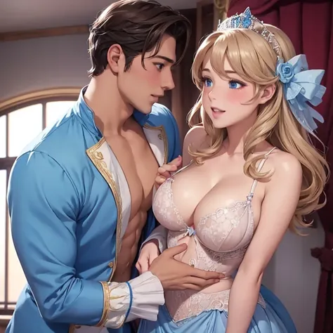 2 people in the image: Blushing Cinderella in lingerie stands in front of a handsome prince, sexual desire, the handsome prince behind Cinderella put his hands on her soft breasts and squeezes them