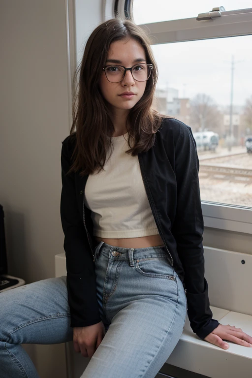 Create a girl 16 years old, sitting in atrain, has white sneakers on, wears blue jeans, wears glasses, looks out the windownot in the camara , black jacket , open broun hairs shoulder long, her hand has it at her crotch