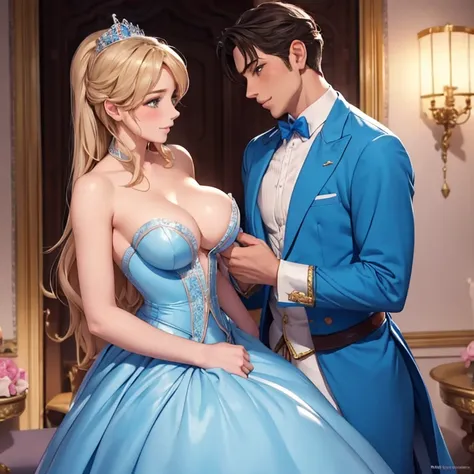 2 people in the image: Blushing Cinderella stands naked in front of the handsome prince, sexual desire, the handsome prince behind Cinderella put his hands on her soft breasts and squeezes them