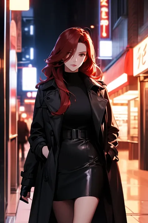 the night，A beautiful woman wandering the streets，the street，Wear a black trench coat，Leather skirt，Long reddish hair，The best composition，anime，（（Dynamic angle camera shooting））），dynamicposes，