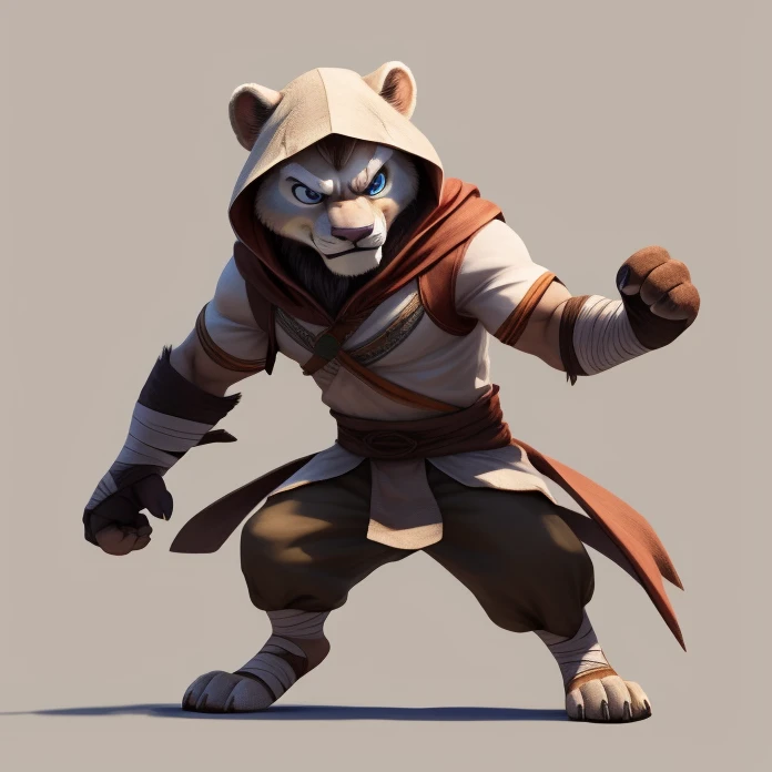 white lion, solo, male focus, blue eyes, african clothes, hood, bandage on ankle, cut bangs, small feet, (angry), fight pose, full body, (soft shading), 4k, detailed face, detailed eyes, detailed, concept art style, blank background, front view, zootopia s...