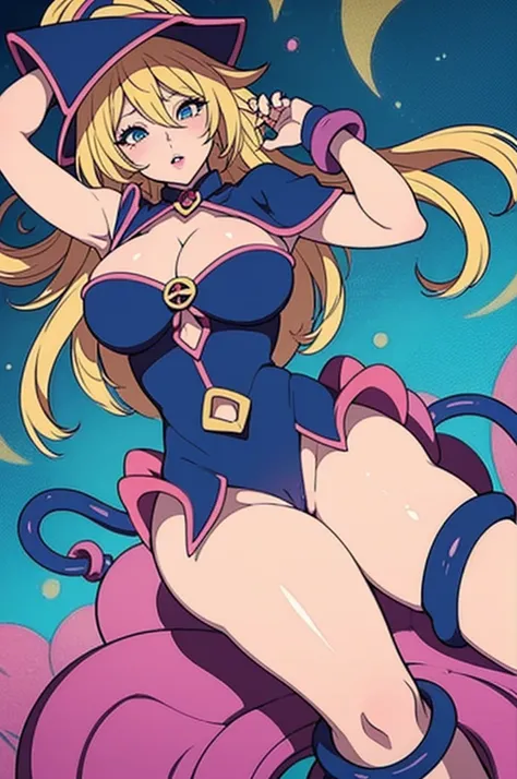 dark magician girl, 1 girl, ((barnet))), long blonde hair, swollen lips, painted lips, thick lips, wide hips, thick thighs, huge ass, lust desire face, huge natural huge breasts, cleavage, mature mother, arms up, tentacle attack, tentacle fuck, tentacle se...