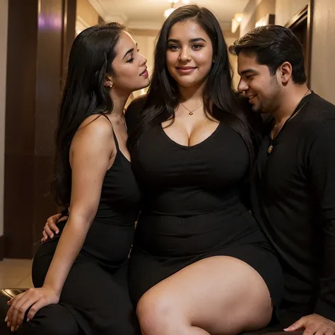 Chubby fat bbw nerdy latina young woman (20 years old), chubby belly, long straight black hair, wearing sexy black dress v-neck, Golden necklace, sitting on sofa,man hugging from behind, romantic kissing, passion Kiss, smiley expression,with several tall m...