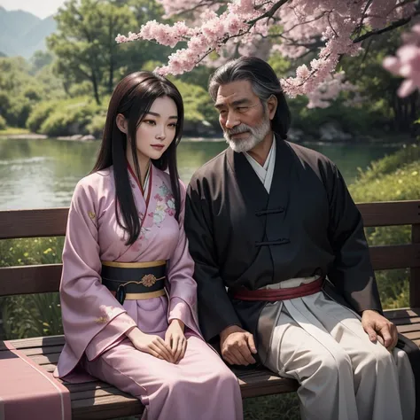 ((best quality)), ((masterpiece)), (detailed), perfect face, Mulan sitting with her father on a bench far away from each other by the lake in a forest surrounded by pink flowers. Mulan has dark almond brown eyes, black eyebrows, black long straight hair. M...