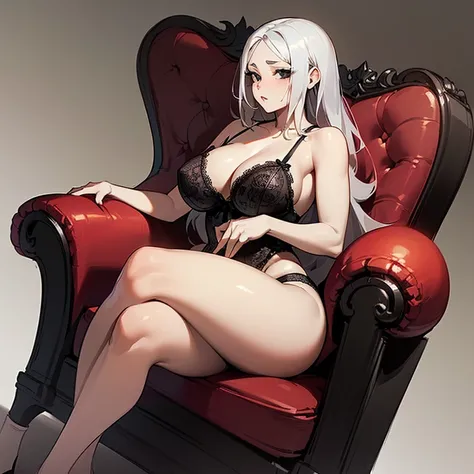 (((I want a woman alone, light skin, long gray hair, completely black eyes, medium curvy body, medium breast, wearing black lace lingerie sitting in a red armchair)))