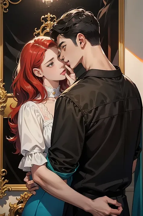 ((obras maestras)), mejor calidad, outstanding illustration, man holds woman’s Chin, a couple kissing, enfoque suave, 1 chico de cabello negro corto, 1 chica de pelo rojo largo rizado, Ropa victoriana, romanticismo victoriano, ambiente opulento y exquisito...