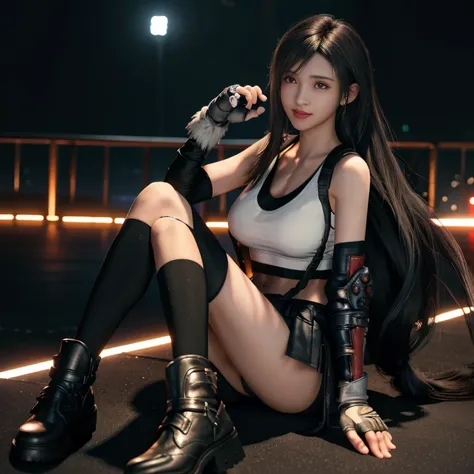 NSFW, (8k, best quality, masterpiece: 1.2), (realistic, photorealistic), ultra detailed, 1 girl, cute, solo, (tifa lockhart), (huge breasts), (smile: 1.2), (mouth open with tongue hanging out ), erotic pose, posing, neon lights, cityscape, depth of field, ...