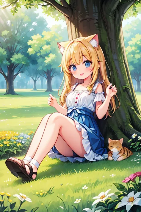 a cute girl, with a joyful expression, is sitting by the trunk of a sturdy tree in a lush meadow. A playful and fluffy kitten accompanies her, both immersed in their surroundings. The meadow is vibrant with various colorful flowers, and cheerful butterflie...