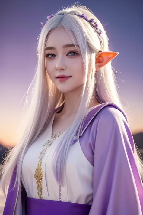 young elf girl, white hair, purple eyes, Dressed in white and purple royal robes, Outside the mansion, sky, Realistic lighting, masterpiece, high detail, delicate eyes, Detailed face, smile softly, Medieval animation art